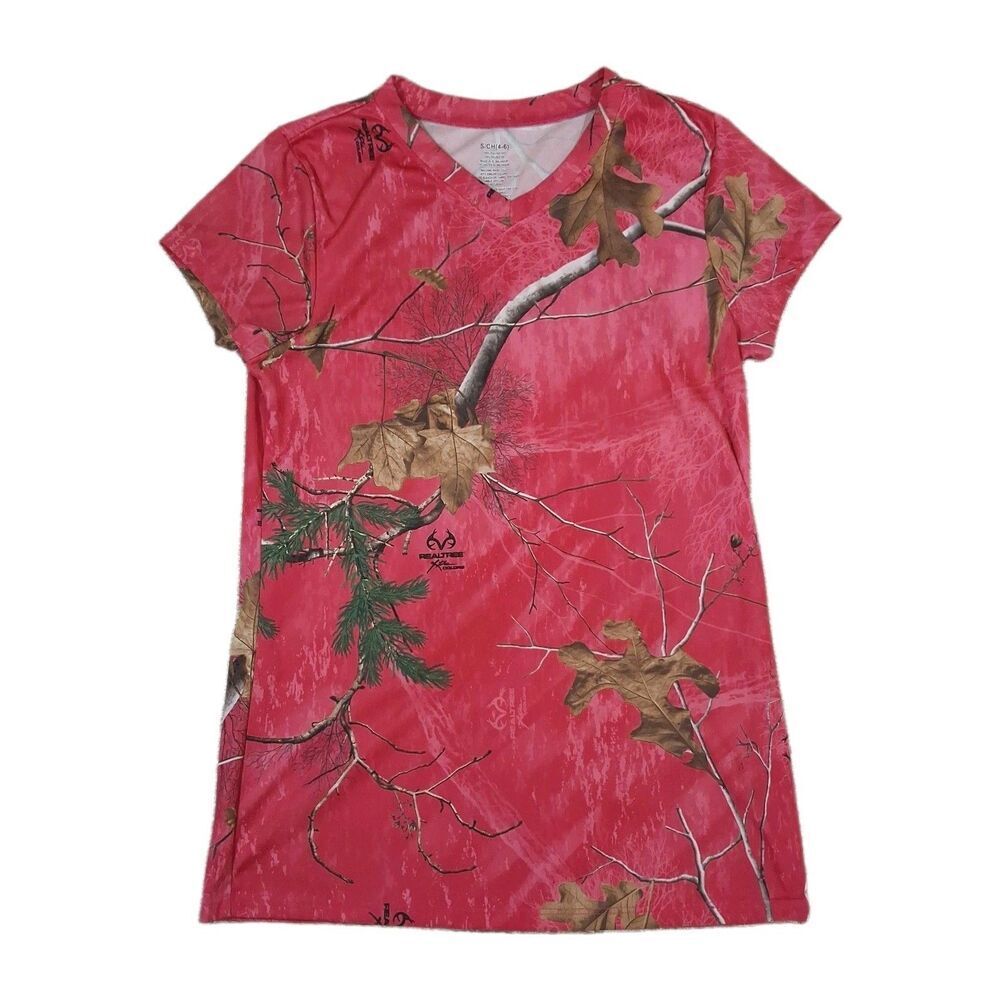 Realtree Xtra Colors Pink Camo V-Neck Shirt Womens Small Sz 4-6 Hunting Outdoors